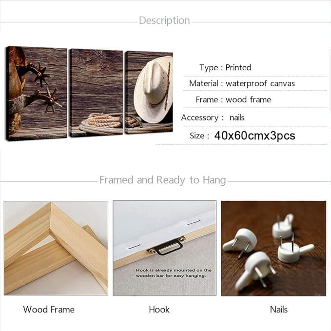 Canvas Print Wall Art Decor Western Cowboy Wall Art American Cowboy Hat Boots West Rodeo Vintage Picture Stretched Gallery Canvas Wrap Giclee Print Ready to Hang for Home Office Living Room