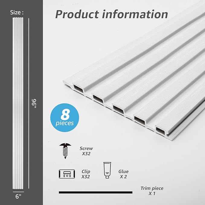 Art3d Slat Wall Panels, WPC Soundproof 3D Wall Paneling for Interior Wall Decor, TV Background, 8-Pack 96 x 6 in. Off-White