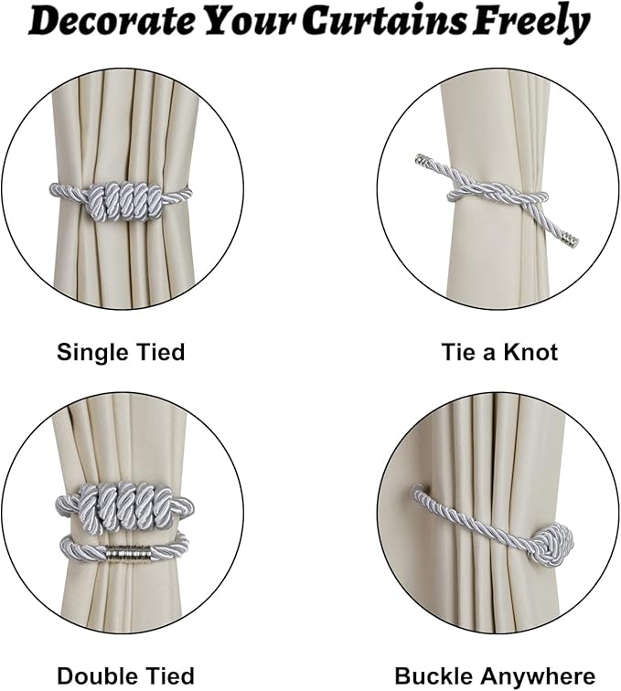BEL AVENIR Magnetic Curtain Tiebacks, Decorative Drapery Holdbacks Modern Woven Tie-Backs with Exquisite Knot (Sliver, 6 Pack)