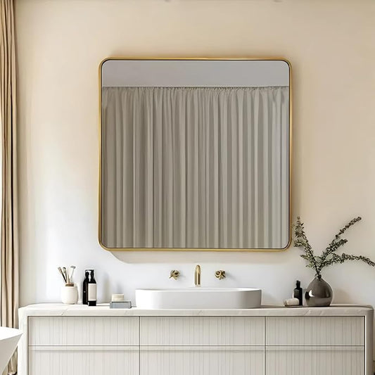 ANDY STAR 36x36 Inch Gold Bathroom Mirror, Brushed Gold Square Mirrors for Wall in Anti-Rust SUS304 Tube Metal Frame, Rounded Mirrors 1’’ Deep Wall Mounted Vertically/Horizontal