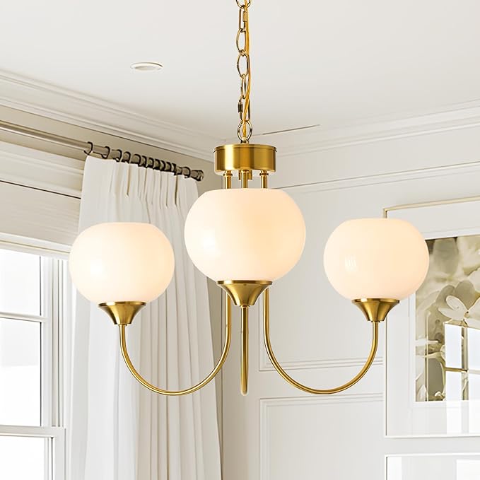 Modern Globe Chandelier 3 Light Mid Century White Milk Glass Vintage Sputnik Chandeliers Gold Pendant Light Fixtures for Dining Room Kitchen Living Room Bedroom