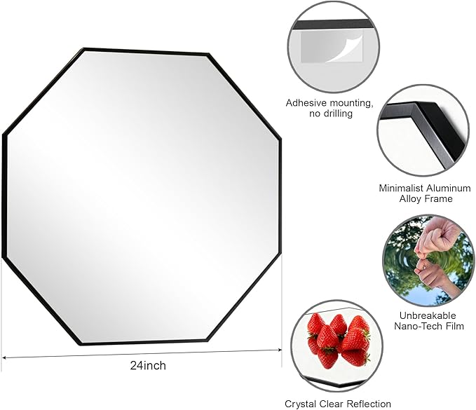 Octagon Mirror for Wall 24 Inch Black Metal Frame, Glassless Bathroom Mirrors for Over Sink, No Drill Adhesive Wall Decor for Entryway Vanity Living Room Dining Room Bedroom