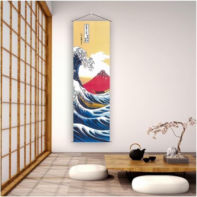 Japanese Scroll Oriental Wall Art Decor, Long Vertical Tapestry, Ukiyo-e The Great Wave Off Kanagawa by Hokusai - W15.7" x H47.2" - for Living Room,Bedroom,or Office Sushi bar Asian Restaurant CTT-18