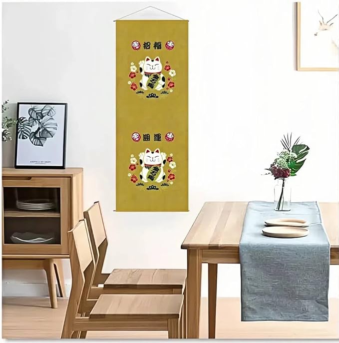 Japanese Tapestry Scroll Wall Art - Good Fortune Feng Shui & Lucky Symbols | W15.7xH47.2", Extra Long Vertical Hanging Decor for Bedroom, Living Room, Office | Washable Fabric (Beckoning Cat) CTT-129