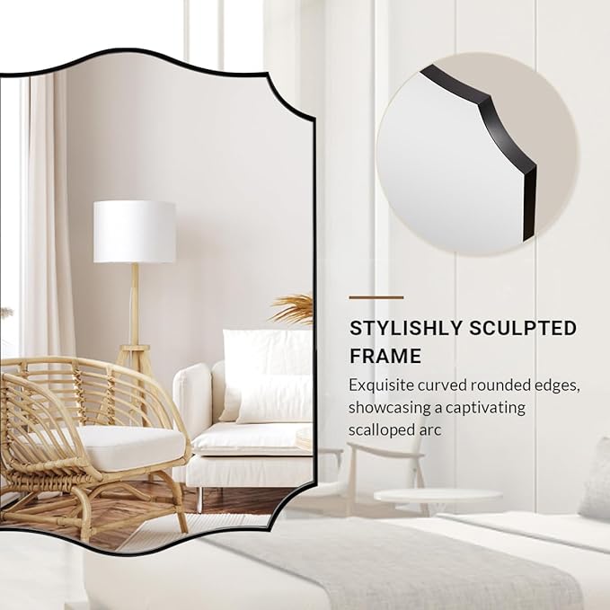 ANDY STAR 30x40 Inch Matte Black Mirror, Large Asymmetrical Wall Mirror in Premium Stainless Steel Metal Thin Frame Deep 1’’, Modern Rectangle Mirror with Unique Wavy Design Ideal for Home Decor