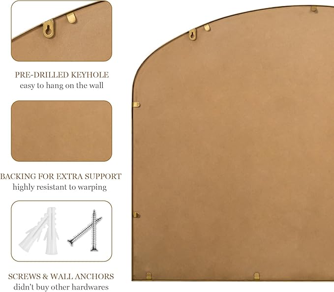 28"x36" Large Arch Wall Mirror, Decorative Beaded Frame Hanging Vanity Mirror for Dresser, Bathroom, Entryway, Bedroom, Mantel, Antique Gold