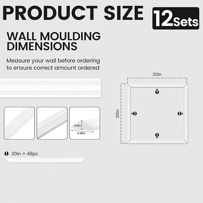 12 Sets Peel and Stick Wall Molding Kit, 20''x20'' Premade Wainscoting Accent Panels for Interior Wall Trim, Easy DIY Moulding Decor