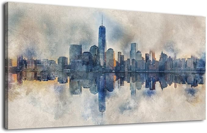 New York City Canvas Wall Art Navy Blue Pictures Abstract Paining City Reflection in Water Canvas Print Modern City Skyline Canvas Artwork for Living Room Bedroom Office Wall Decor 24" x 48"