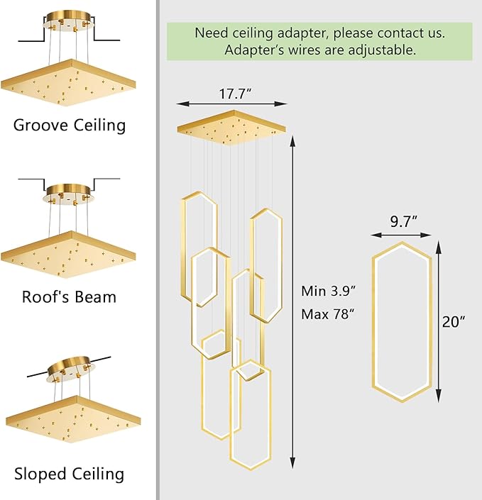 6 Rings Modern Chandelier LED Dimmable Pendant Lighting Adjust Flush Mount Ceiling Light for Foyer Lobby Living Room Staircaes Gold