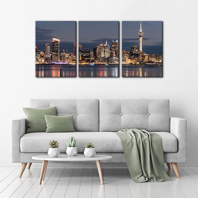 Pacimo Auckland Cityscape Wall Art - Framed Canvas Painting Prints with City Night Skyline Design - Perfect for Modern Artwork Home Decor Wall Decor for Living Room Bedroom Office - 20"x28"x3 Panels