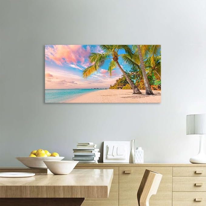 Canvas Wall Art for Bedroom Tropical Palm Tree Wall Art Summer Canvas Ocean Waves Coconut Trees Beach Sunrise Seascape Scenery Painting Nature Picture for Living Room Bathroom Home Office Wall Decor