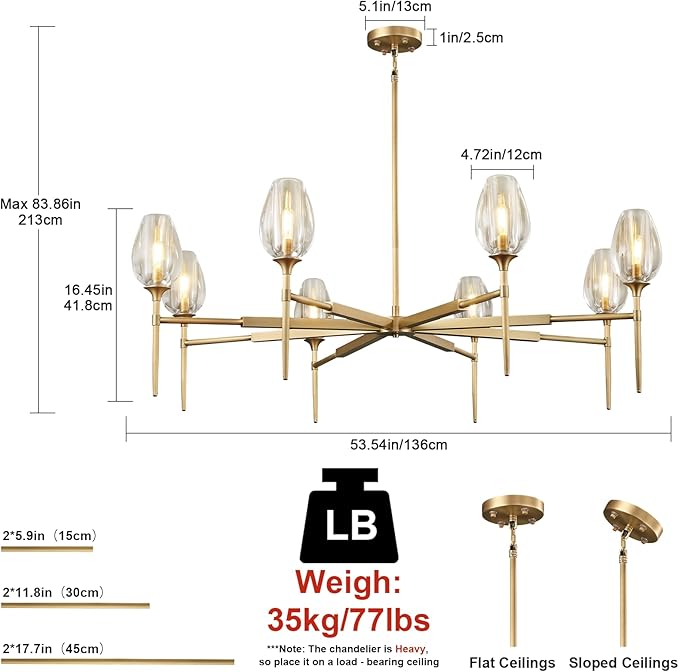 Modern Crystal Chandeliers 8 Lights Brass, 54in Gold Tulip Round K9 Crystal Chandelier,Pendant Ceiling Light for Dining Living Room Bedroom Entryway, E12 Bulbs Included
