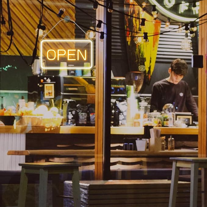 16"x 9" Ultra Bright 12V Neon Open Sign for Business, LED Open Neon Sign, Electric Light up Signs for Stores, Restaurants Offices Retail Shops Window (Yellow-White-Horizontal)