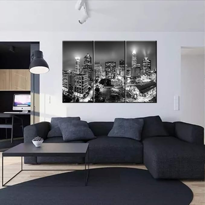 Canvas Print Wall Art Painting for Home Decor Black and White Charlotte Skyline Night Buildings Cityscape Coastline Paintings Artwork the Picture City Photo Prints On Canvas - 40‘’x20‘’x3 panels