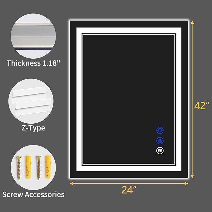42"x24" LED Bathroom Mirror with Anti-Fog, Stepless Dimmable Lights, 3 Color Modes, Shatter-Proof Tempered Glass, Memory Function & Waterproof Design
