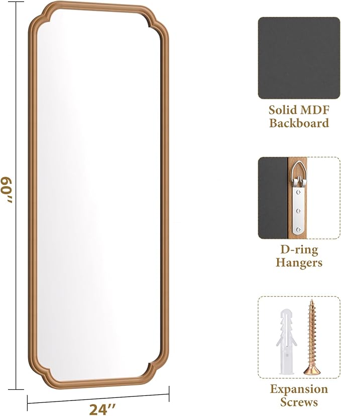 Natural Wood Framed Bathroom Mirror for Wall, 60X24 Inch Wood Bathroom Vanity Mirror Farmhouse, Large Rounded Rectangle Mirror, Tempered Glass, Hangs Horizontally or Vertically