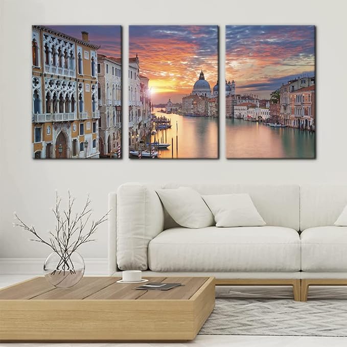 Pacimo 3 Piece Canvas Wall Art - Venice Framed Wall Art Decor Grand Canal in Venice Pictures Painting on Canvas Modern Art Home Decoration Stretched and Framed Ready to Hang - 16 x 24 inch x 3 Panels