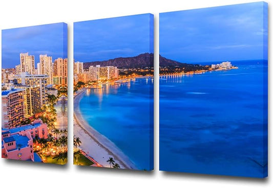 3 Pieces Skyline of Honolulu Canvas Print Wall Art Painting Sunrise from Diamond Head volcano Hawaii Landscape Picture Modern Giclee Stretched Framed Artwork Living Room - 24'' x 12'' x 3 Panels