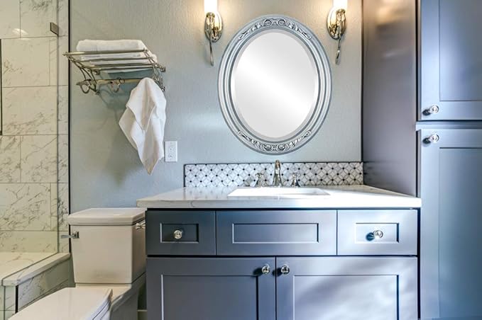 OVALCREST Oval Beveled Wall Mirror for Home Decor - Florence Style - Silver Leaf with Black Antique - 32" x 26"