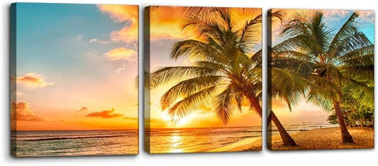 3 Panels Sea Landscape Modern Wall Art Ocean Sunset Canvas Prints Sea Beach Pictures Painting on Canvas Wall Art for Home Decor Gallery Wrapped Tropical Scenery Seascape Giclee Artwork - 12"x16"x3