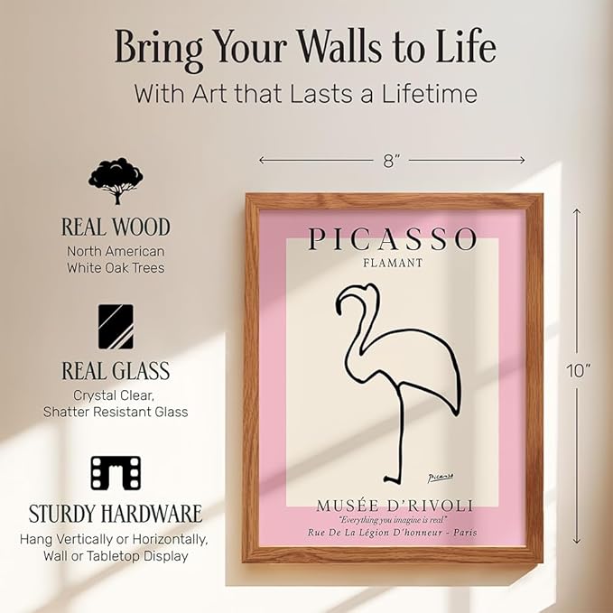 Pablo Picasso Poster 8x10 FRAMED - Mid-Century Modern Decor - Minimalist Room Decor - Abstract Wall Art - Gallery Picture - Pink Flamingo Print - Line Art Wall Museum Poster - Tropical Beach House