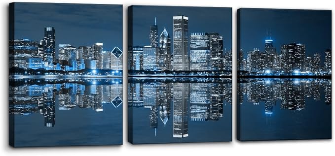 Pacimo Chicago Cityscape Modern Canvas Wall Art Prints Artwork Skyscrapers at Night View Paintings City Skyline Pictures Painting for Home Decorations Decor Framed Ready to Hang - 12"x16"x3 Panels