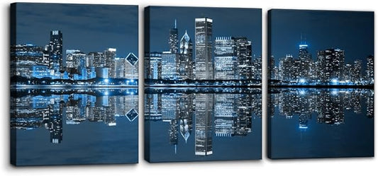 Pacimo Chicago Cityscape Modern Canvas Wall Art Prints Artwork Skyscrapers at Night View Paintings City Skyline Pictures Painting for Home Decorations Decor Framed Ready to Hang - 12"x16"x3 Panels