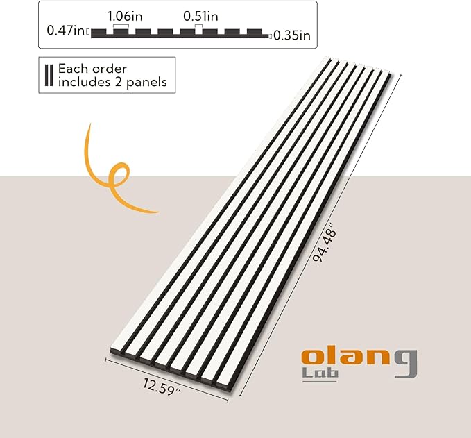 Olanglab Wood Slat Wall Panels, Wooden Acoustic Wall Panels, 94.5"x12.6" Each 3D Wall Panels for Interior Wall Decor, 2 Pack in Total 94.5"x25.2" (Gloss White)