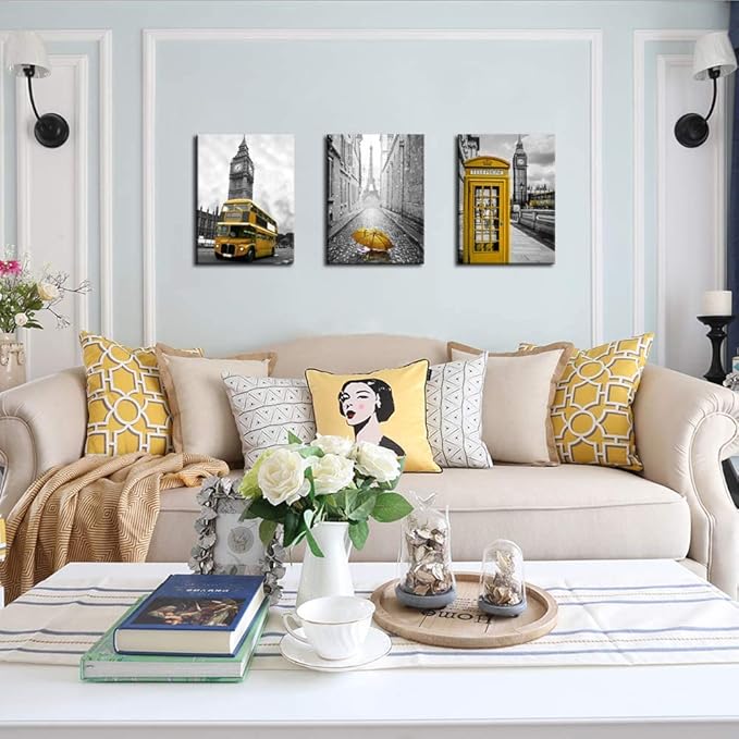 Biuteawal - 3 Panel City Wall Art Black and White Pairs Eiffel Tower with Yellow Umbrella Picture Prints London Big Ben Telephone Booth Bus Landscape Painting on Canvas for Living Room Bedroom Office