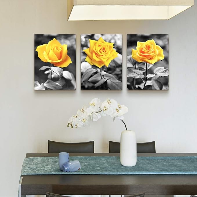 Canvas Wall Art For Bedroom Living Room Bathroom Wall Decor For Kitchen Family Pictures Artwork Black And White Yellow Rose Flowers Paintings 16" X 24" 3 Pieces Framed Modern Office Home Decorations