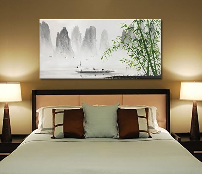 Chinese Shanshui Painting Black and White Landscape Wall Art Green Bamboo Canvas Artwork