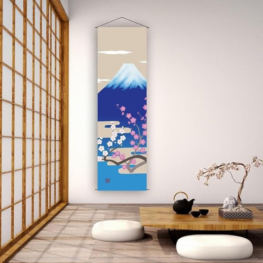 Japanese Tapestry Wall Art Scroll Feng Shui & Lucky Symbols | W15.7xH47.2", Extra Long Vertical Hanging Decor for Bedroom, Living Room, Office Zen Design Mount Fuji and cherry blossoms CTT-15
