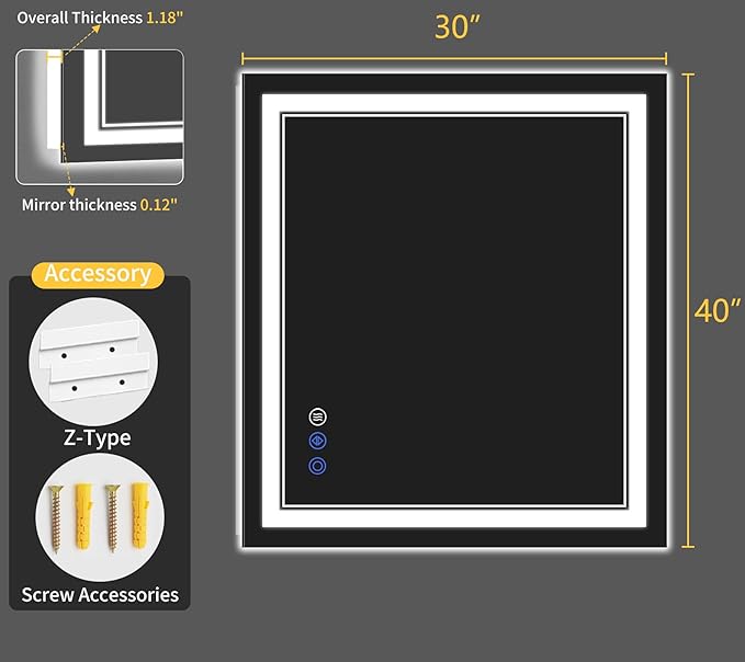 30"x40" LED Bathroom Mirror with Lights, Anti-Fog, Backlit + Front Lit, Dimmable, Led Vanity Mirror for Wall, Lighted Bathroom Mirror, 3 Colors, Shatter-Proof Tempered Glass