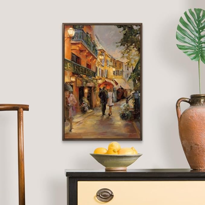 CANVAS ON DEMAND Evening in Paris Walnut Float Framed Canvas Wall Art Print by Marilyn Hageman, Traditional, Home Decor, Street Scene Artwork, Nature Artwork, 16" x24in