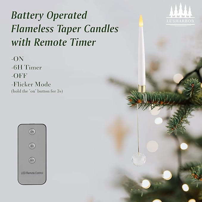 Christmas Tree Candles, 10 Pack Flameless Taper Candles for Christmas Tree Decor, Fake LED Candle Battery Operated with Remote for Xmas Wedding Home Gift with Crystal Ball Hook