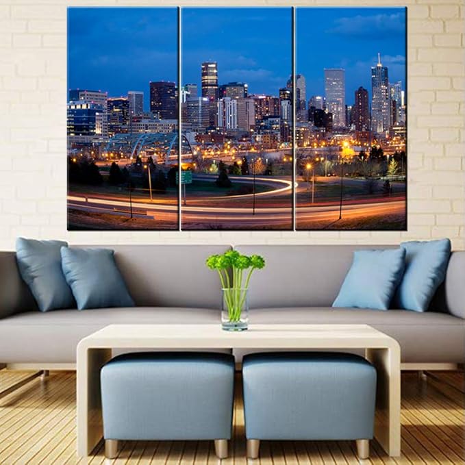 3 Pieces Wall Art Painting Denver Skyline Long Exposure at Night Pictures Prints On Canvas Cityscape The Picture Decor Oil For Home Modern Decoration Print Ready to Hang - 40‘’ x 20‘’ x 3 panels