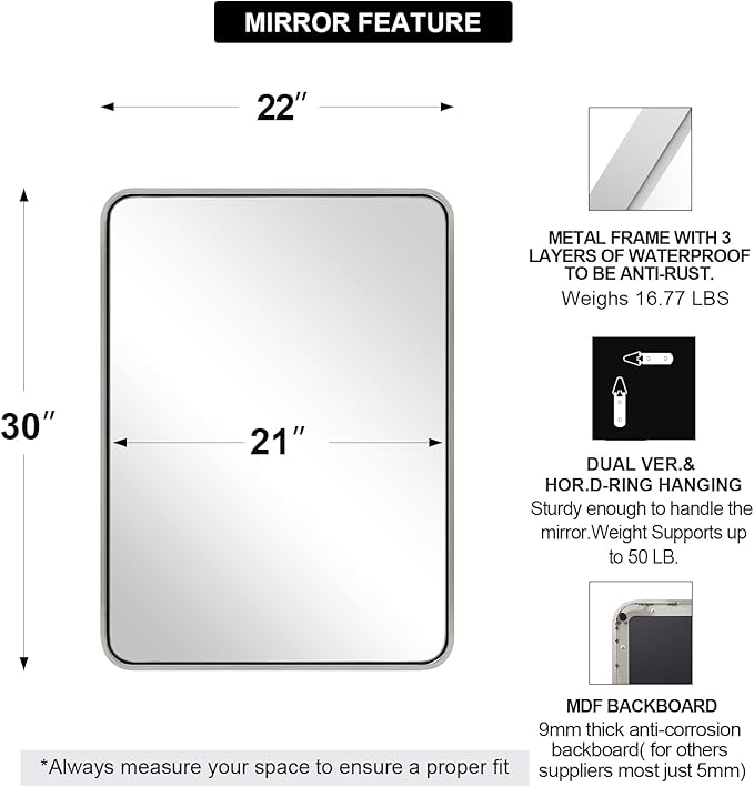 ANDY STAR Chrome Bathroom Mirror, 22x30’’ Rounded Rectangle Polished Nickel Mirror for Vanity, SUS304-Anti-Rust, Wall-Mounted Vertical/Horizontal 1’’ Deep