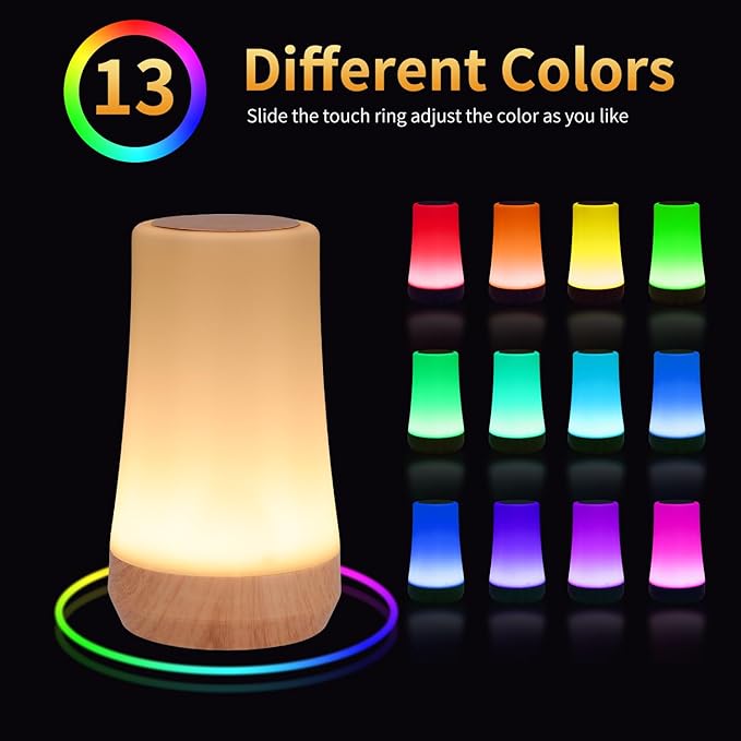 OORUN Touch Bedside Table Lamp,13 RGB Colors & 5 Brightness, USB Rechargeable Desk Lamp, Remote Control Dimmable Light with RGB Color Changing,Portable Lamp for Baby (F9)