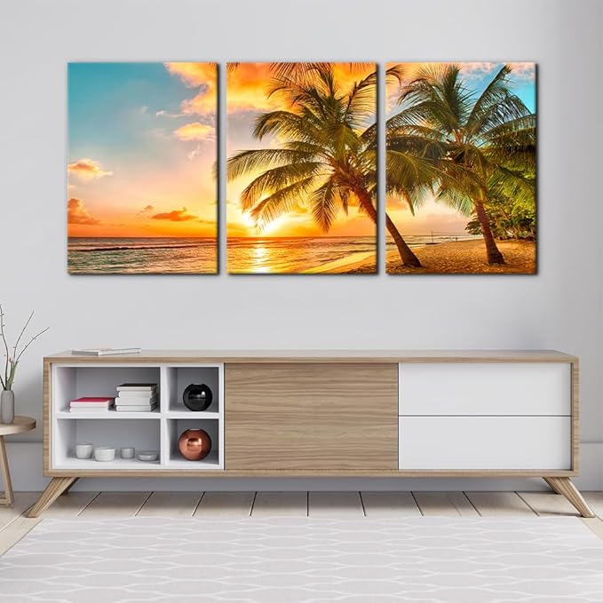 3 Panels Sea Landscape Modern Wall Art Ocean Sunset Canvas Prints Sea Beach Pictures Painting on Canvas Wall Art for Home Decor Gallery Wrapped Tropical Scenery Seascape Giclee Artwork - 20"x28"x3