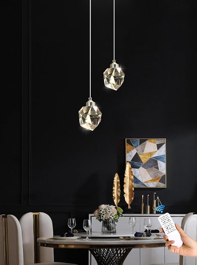Chrome Crystal Pendant Lights Kitchen Island, Bedroom Bedside Hanging Crystal Ceiling Light, Dimmable 3000k-6000k 1-Light Independent