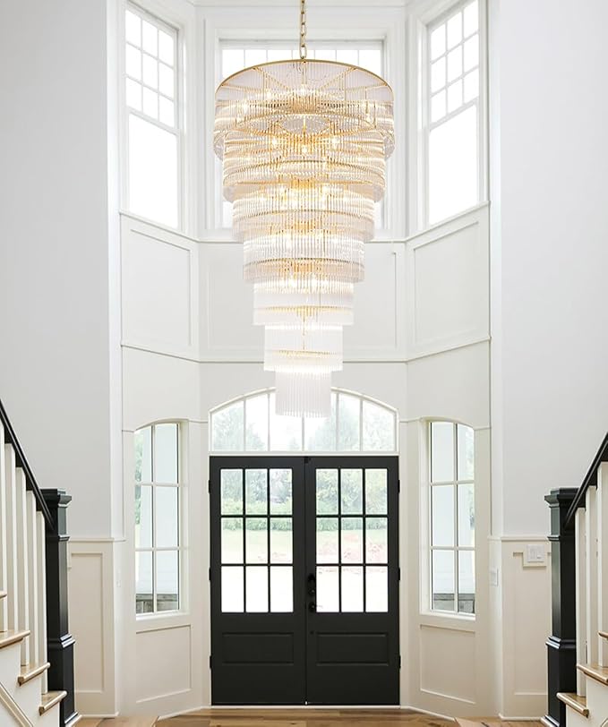 Large Gold Chandeliers H68 Modern High Ceiling Chandelier 7-Tier Glass Chandelier Foyer Entryway Ceiling Light Fixture for Staircase Grand Living Room Entry Extra Long