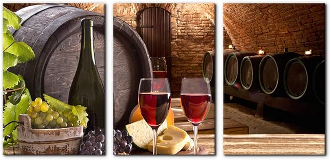 Kitchen Wall Art Red Wine Cellar Pictures Wooden Barrel and Fruit Grape Painting for Living Room 3 Panel Canvas Artwork House Modern Decor Giclee Posters Prints Framed Ready to Hang - 16 x 24 inch x 3