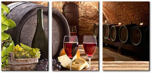 Kitchen Wall Art Red Wine Cellar Pictures Wooden Barrel and Fruit Grape Painting for Living Room 3 Panel Canvas Artwork House Modern Decor Giclee Posters Prints Framed Ready to Hang - 16 x 24 inch x 3