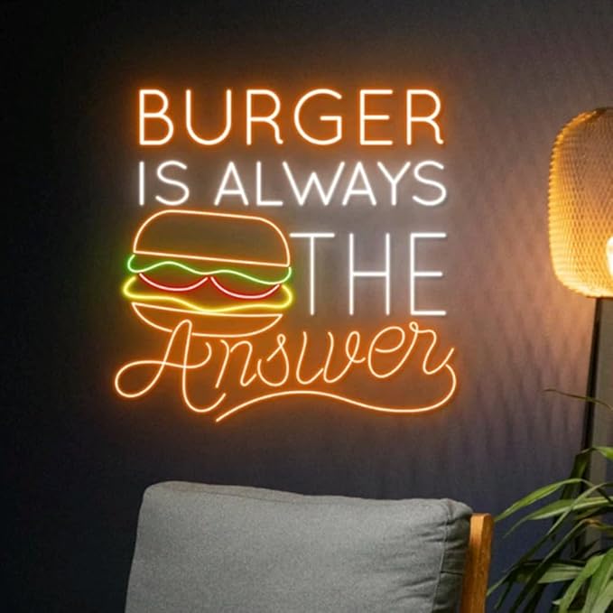 Burger Neon Sign, Burgers Led Light - 18inches Food Room Wall Decor