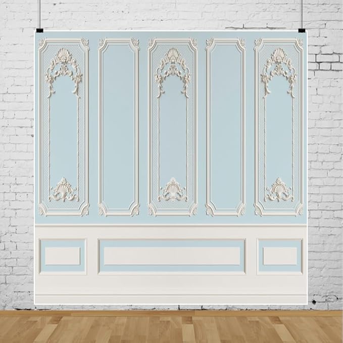 Leyiyi 10x10ft Blue White Vintage Room Inside Backdrop European Frame Modern House French Castle Cementery Wall Retro Style Photo Background Cowboy Kids Birthday Portrait Studio Props Vinyl Wallpaper