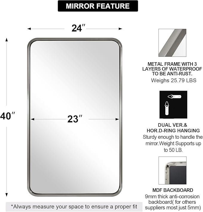 ANDY STAR 24x40'' Bathroom Mirror for Wall, Brushed Nickel Rounded Rectangle Mirror for Vanity in Stainless Steel Tube Metal Frame Antirust Wall-Mounted Horizontal or Vertical