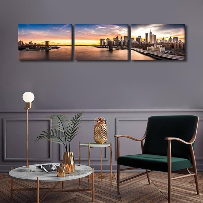 New York Cityscape Wall Art Painting on Canvas Brooklyn Bridge Panorama at Sunset Bedroom Wall Art Modern Home Decor House Decorations for Living Room Bathroom Pictures Framed Ready to Hang 14x60 Inch