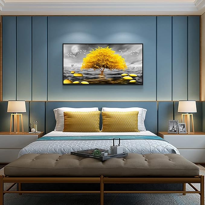 Black and white View Framed Wall Decorations For Living Room large size Canvas Wall Art For Bedroom Office Wall Decor Yellow Tree Painting Canvas Prints Home Decor Black Wood Framed 24" X 48"