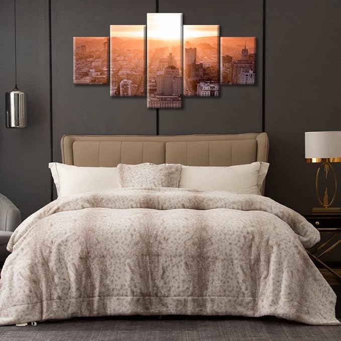 California Cityscape Canvas Wall Art City Night Scene Pictures Wall Decoration for Living Room California Skyline Sunset 5 Panel Bedroom Decor Wall Art Stretched and Framed Ready to Hang (60"Wx32"H)