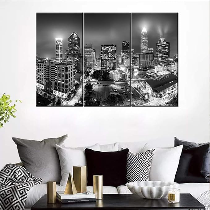 3 Pieces Charlotte Skyline Wall Art Carolina Landscape Black and White Prints on Canvas Downtown Canvas Cityscape the Picture Skyscraper Picture for Home Decor with Framed - 28‘’ x 14‘’ x 3 panels